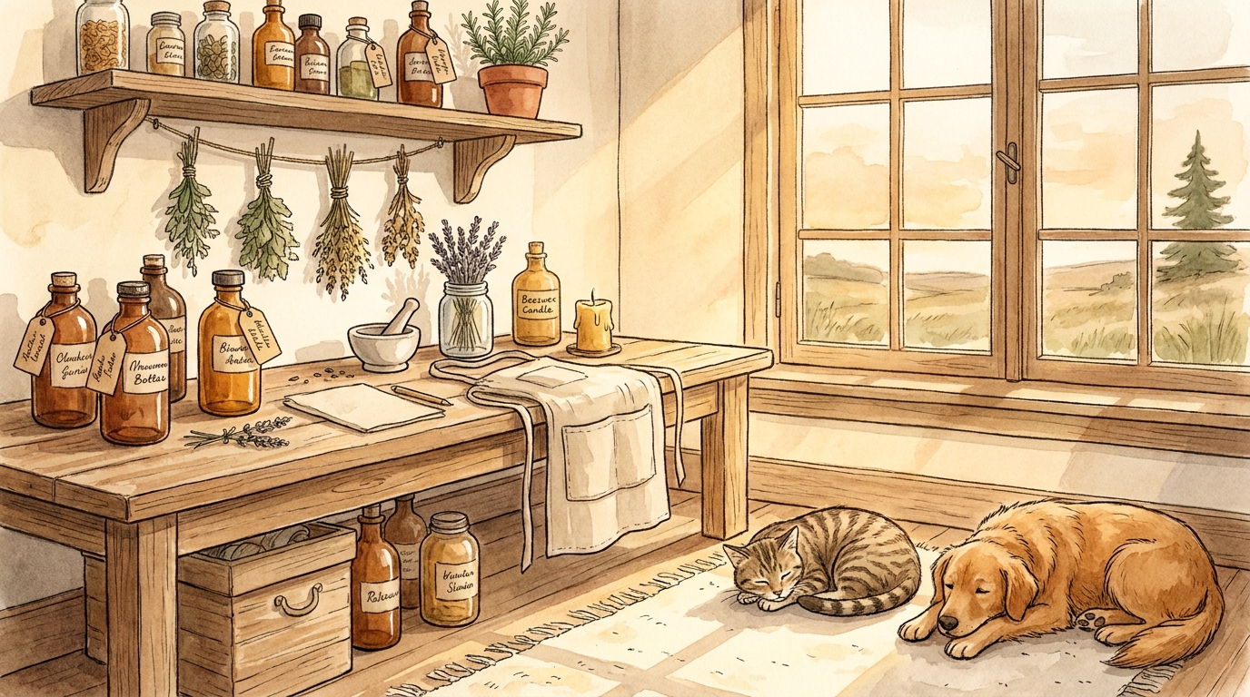 A cozy Limon, Colorado apothecary studio at golden hour with amber bottles, hanging herbs, and a sleeping cat and dog